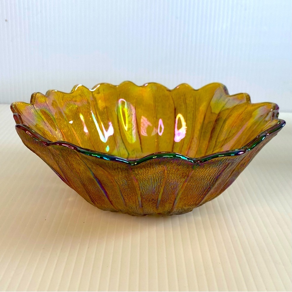 Vintage Indiana Iridescent Carnival Glass Sunflower Marigold Amber 7" Bowl